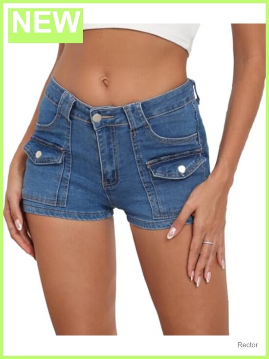 Pants - Women's Stretchy Mid Rise Twill Shorts Booty Denim Shorts Pockets